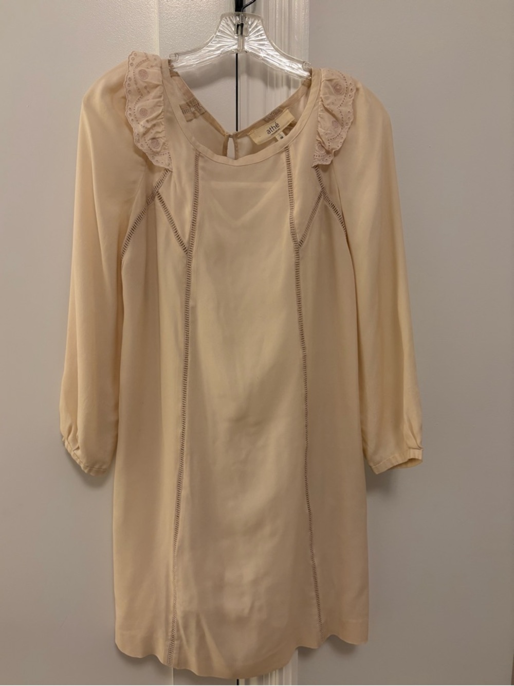 Silk long sleeve dress with shoulder ruffles and eyelet detail